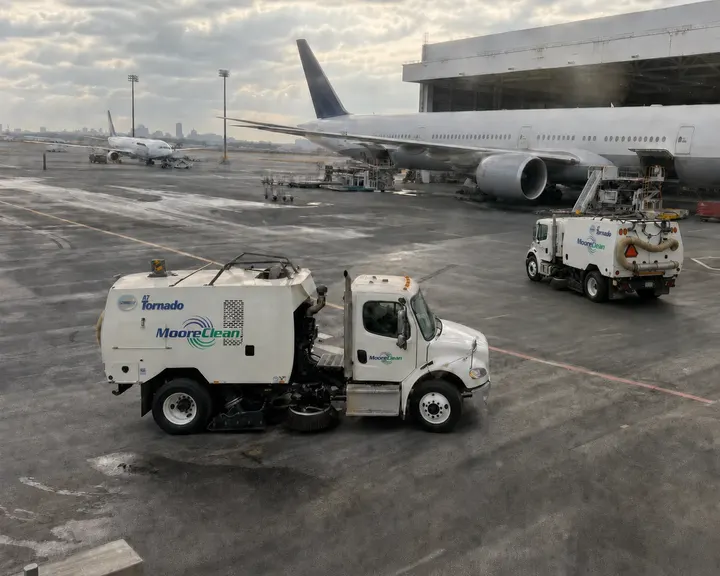 Two Moore Clean sweepers working an airport apron beside a widebody jet