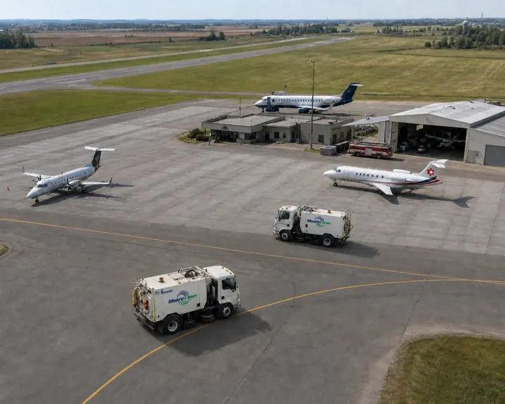 Drone view of Moore Clean sweepers working an airport apron