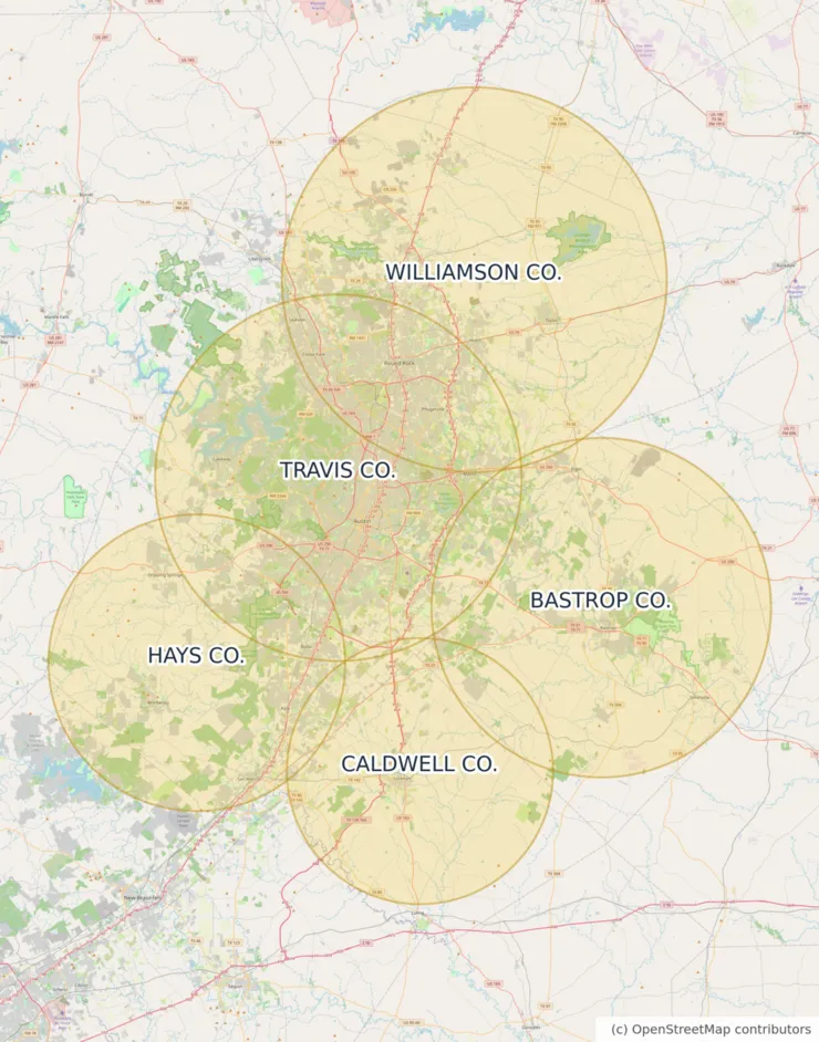 Map of the approximate Moore Clean coverage area around Austin, Texas, covering Travis, Williamson, Hays, Bastrop and Caldwell counties