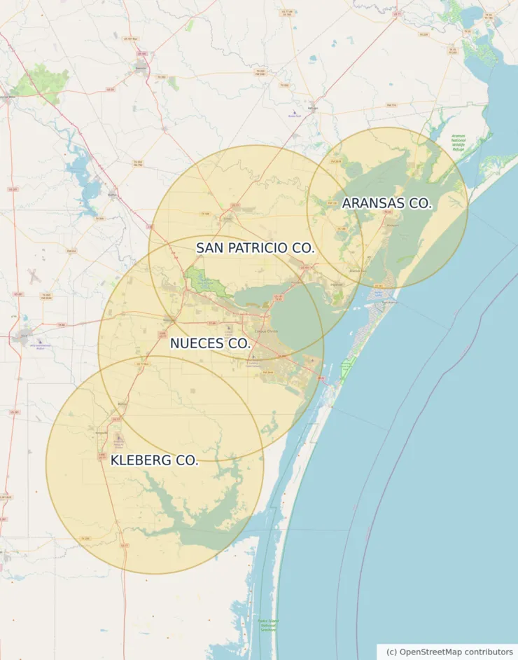 Map of the approximate Moore Clean coverage area around Corpus Christi, Texas, covering Nueces, San Patricio, Aransas and Kleberg counties