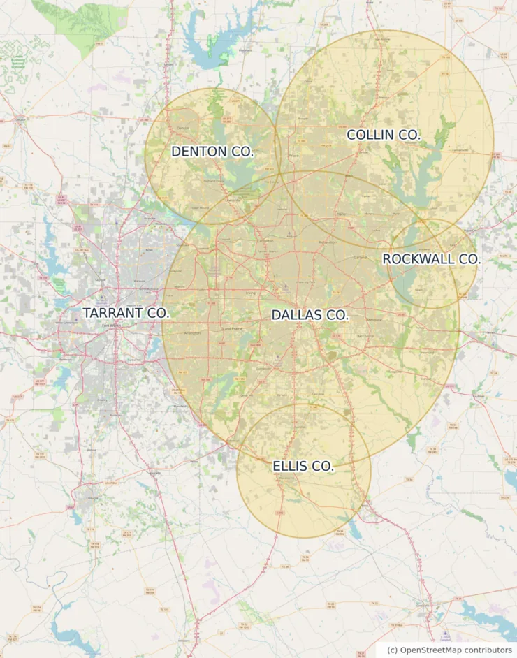 Map of the approximate Moore Clean coverage area around Dallas, Texas, covering Dallas, Tarrant, Collin, Denton, Rockwall and Ellis counties