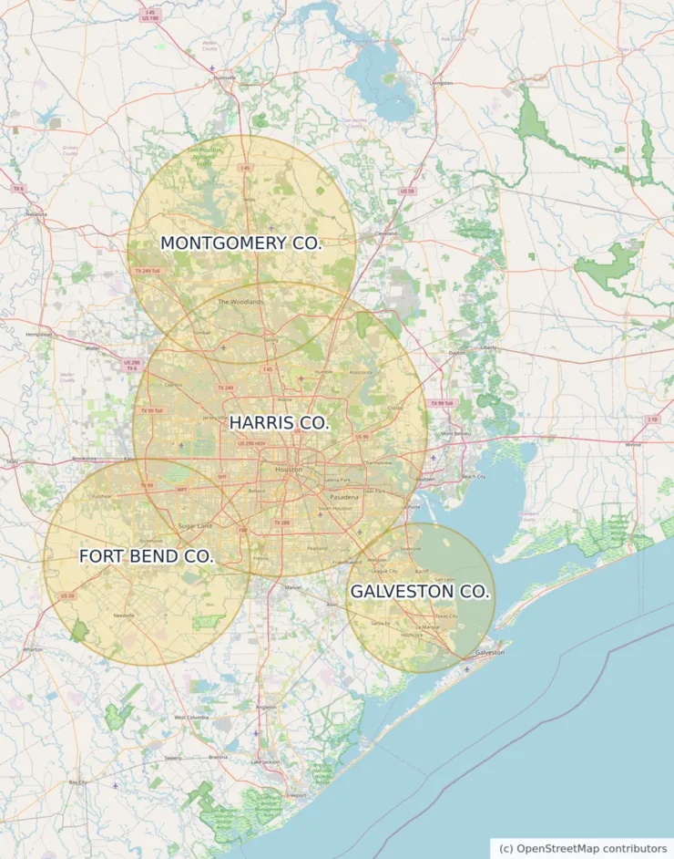 Map of the approximate Moore Clean coverage area around Houston, Texas, covering Harris, Fort Bend, Montgomery and Galveston counties