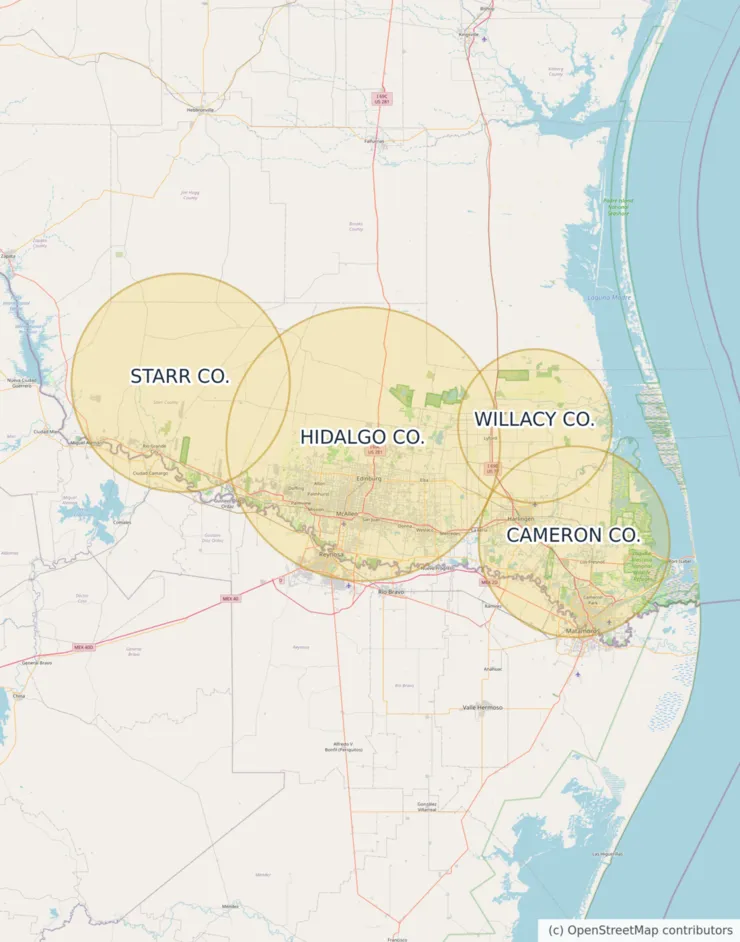 Map of the approximate Moore Clean coverage area around McAllen, Texas, covering Hidalgo, Cameron, Willacy and Starr counties