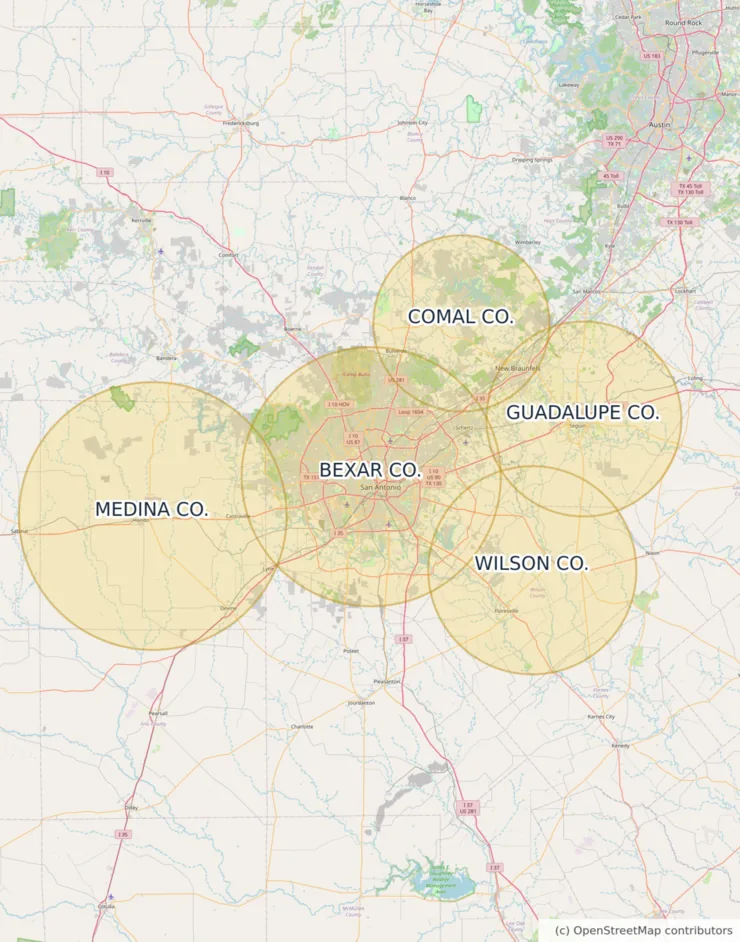 Map of the approximate Moore Clean coverage area around San Antonio, Texas, covering Bexar, Comal, Guadalupe, Medina and Wilson counties