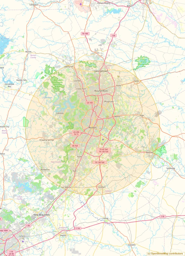 Map of the approximate Moore Clean service area around Austin, Texas