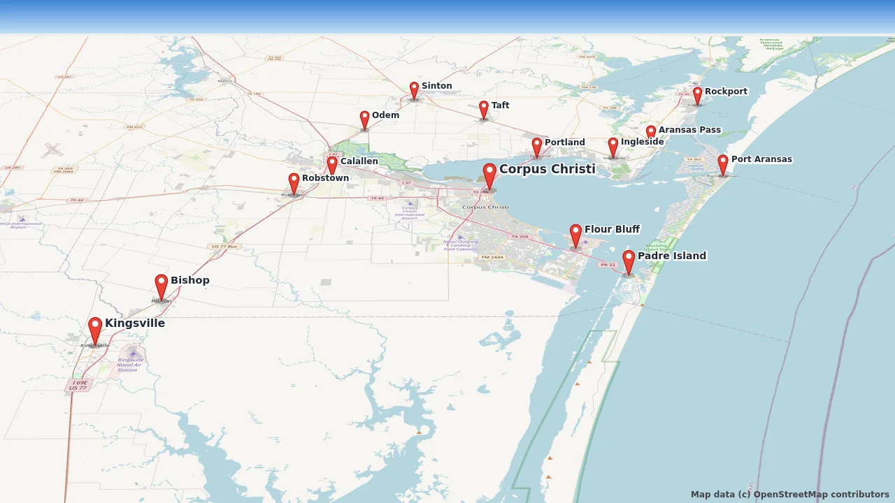 Map of the Moore Clean service area across Corpus Christi and the Coastal Bend, from Rockport and Sinton to Robstown, Padre Island and Kingsville