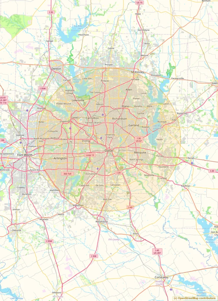 Map of the approximate Moore Clean service area around Dallas, Texas