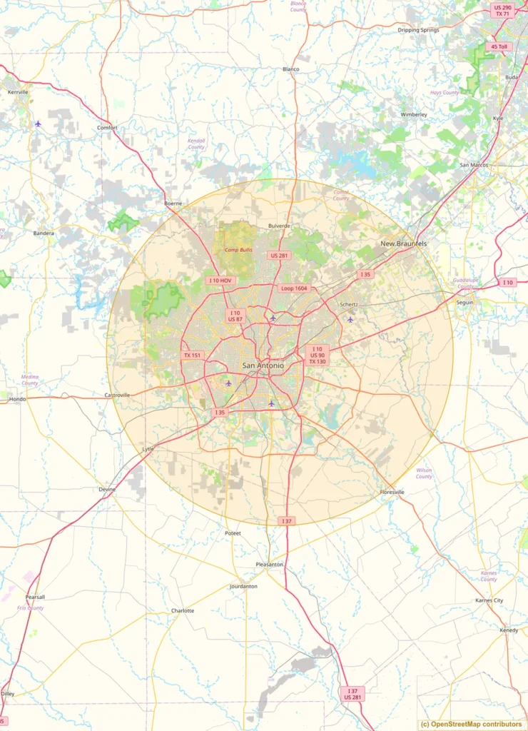 Map of the approximate Moore Clean service area around San Antonio, Texas