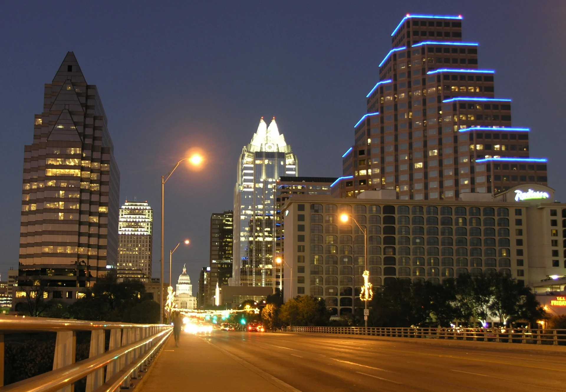 Downtown Austin at night, when sweeping routes run