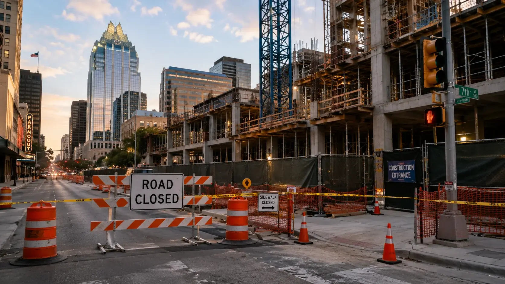Road closed for high-rise construction on a downtown Austin corridor
