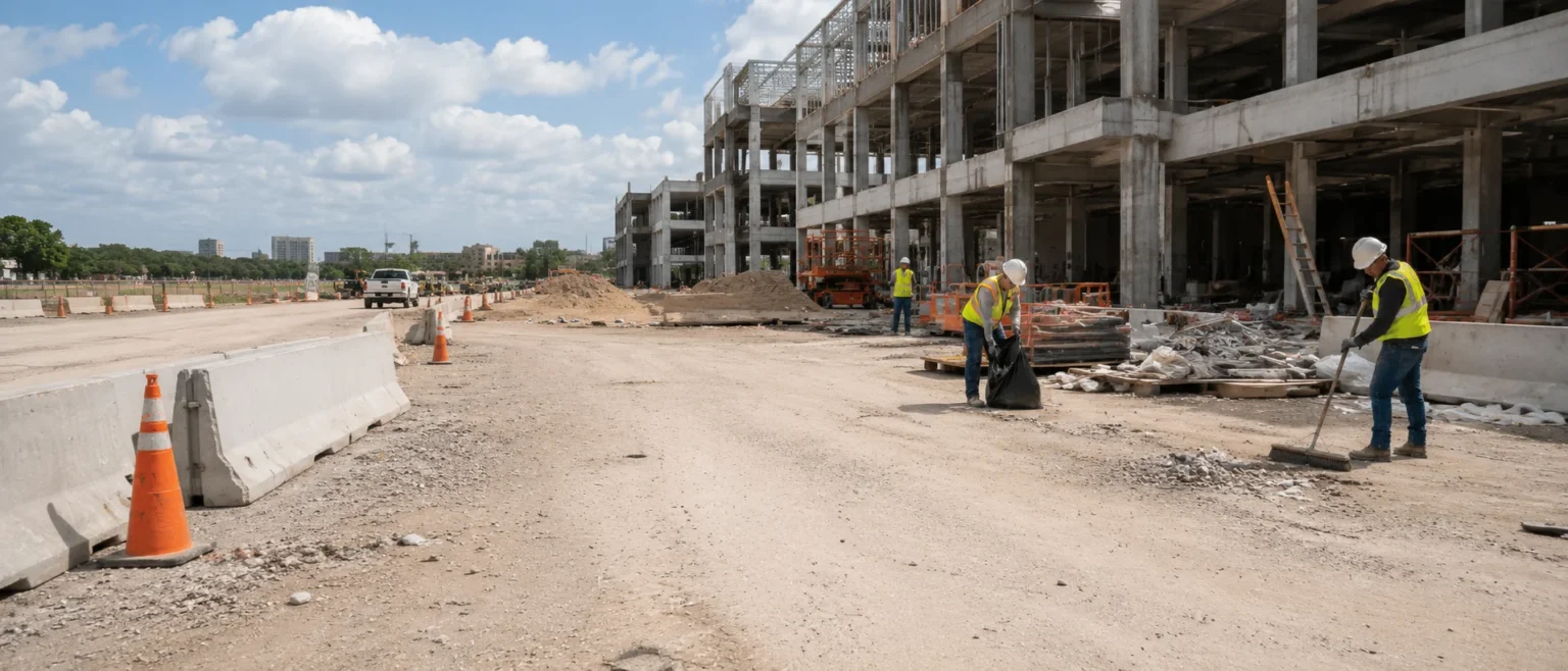 Wide view of a construction site haul road with crews sweeping and shoveling beside a building under construction