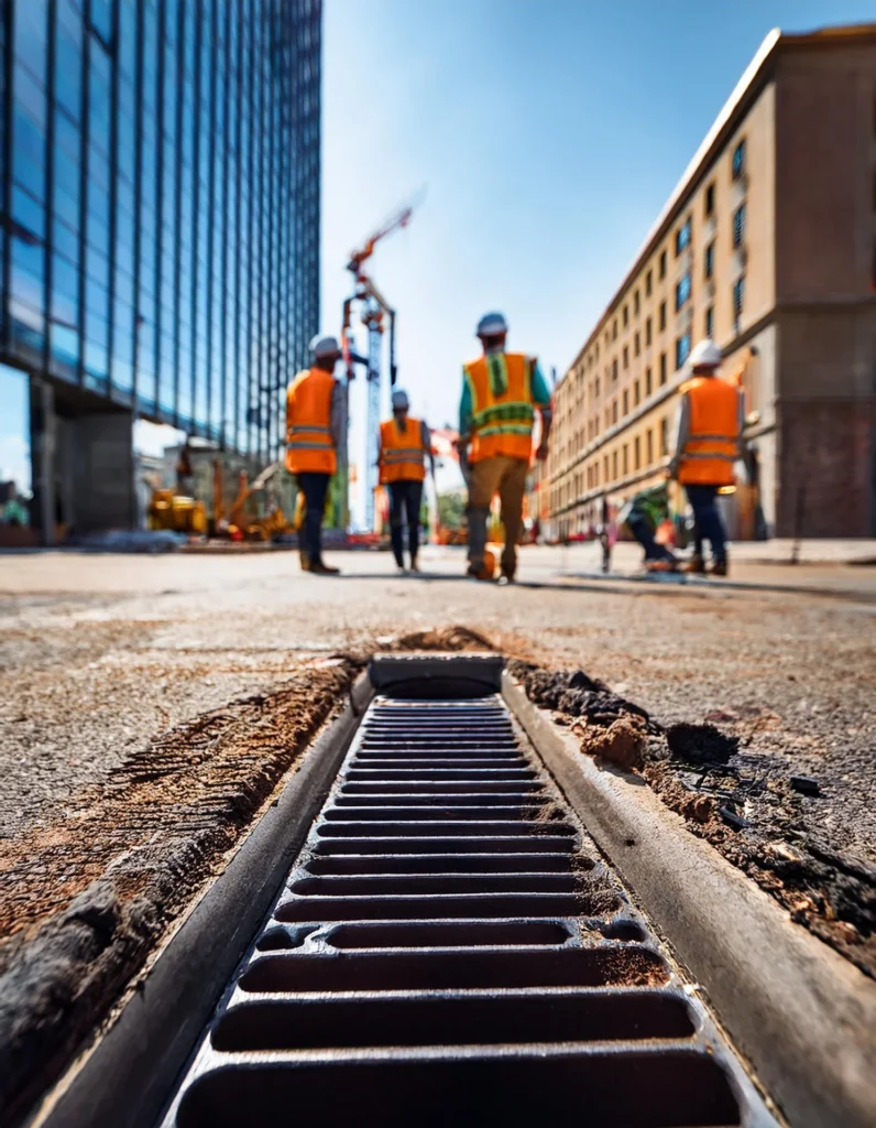 Trench drain grate in the foreground with crew members on a downtown construction site.