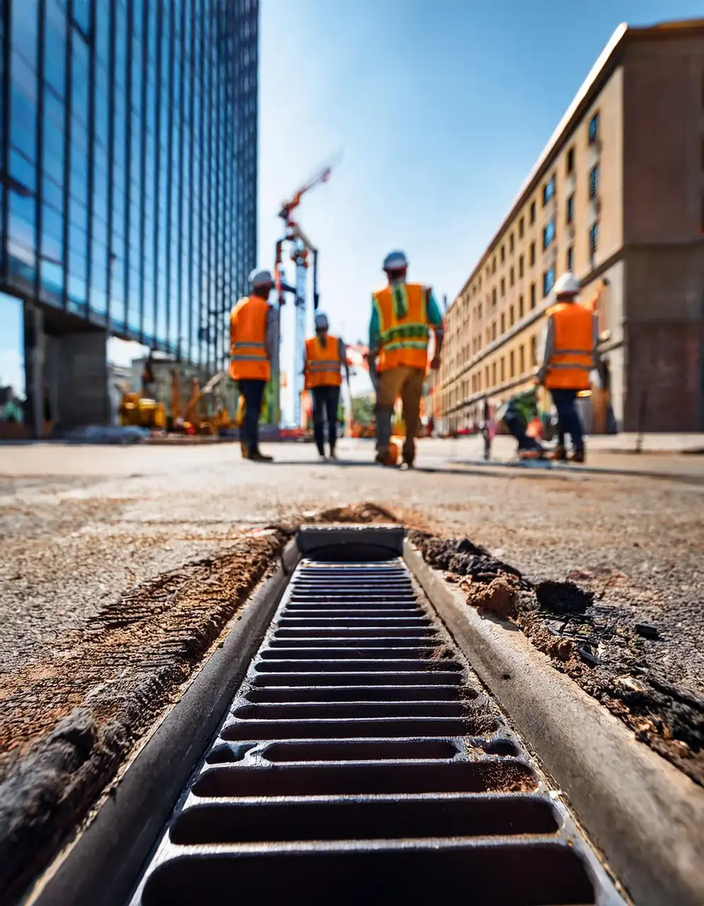 Trench drain grate on a construction site with crew in safety vests behind