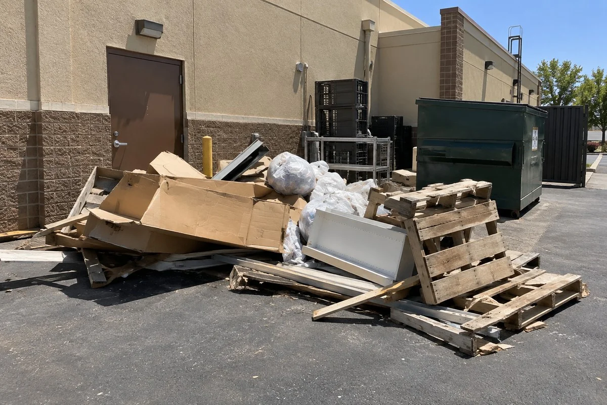 Commercial debris removal crew hauling off a pile from a restaurant alley behind a retail center