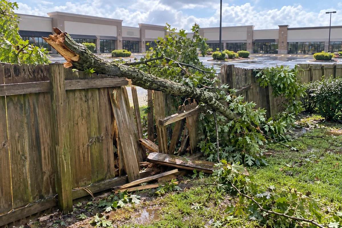 Storm debris removal at a retail center with a wind-damaged fence