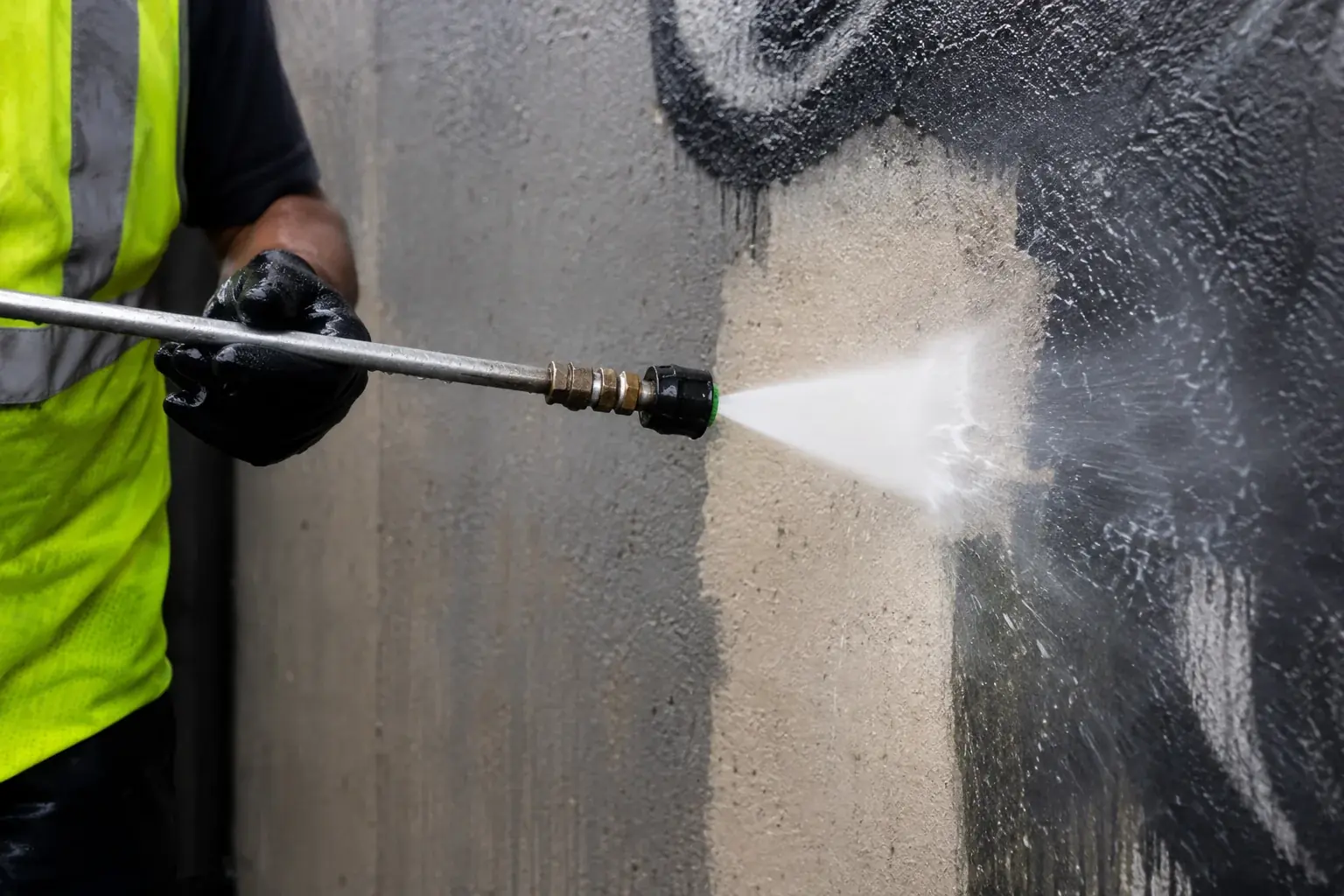 High-pressure graffiti removal on a commercial concrete wall