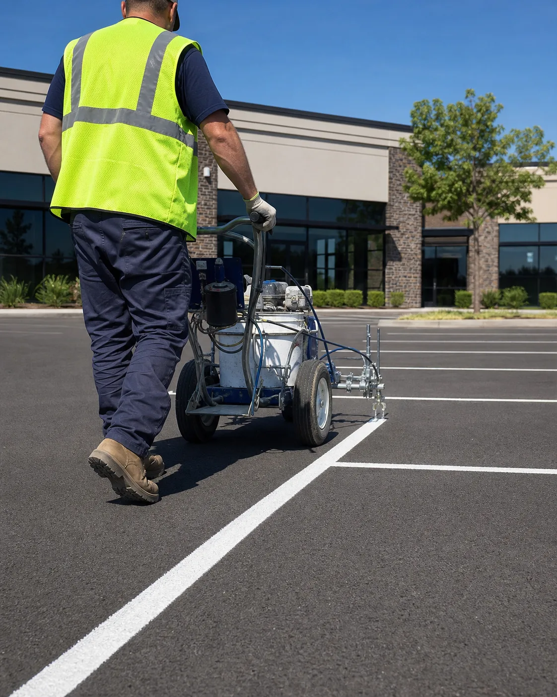 Moore Clean handyman applying fresh parking lot striping with a line-striping machine