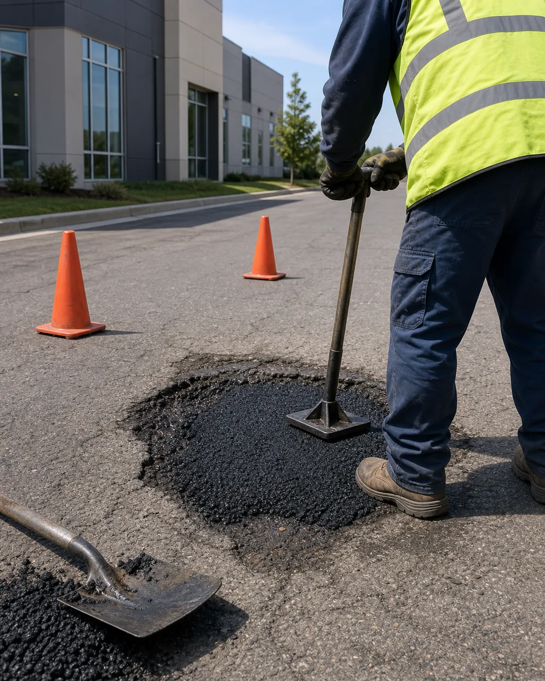 Moore Clean handyman patching an asphalt pothole in a commercial parking lot