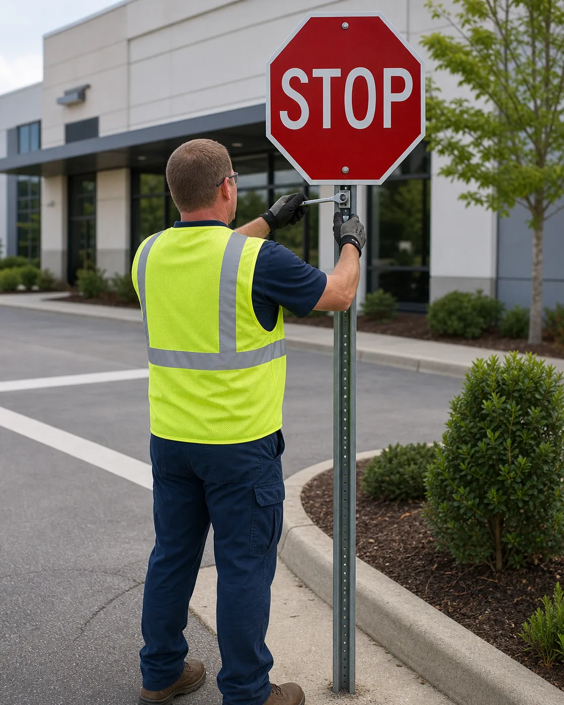 Moore Clean handyman repairing a sign at a commercial property entrance