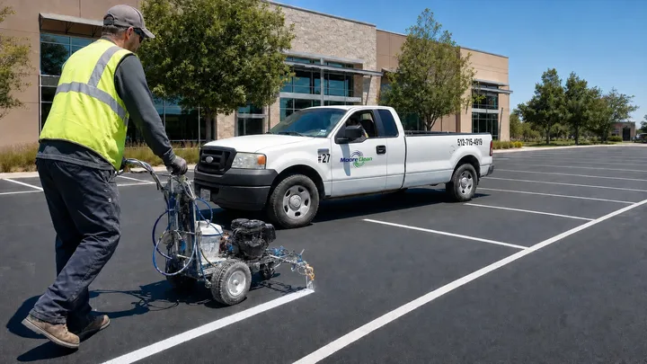 Moore Clean crew member striping parking stalls beside a company pickup