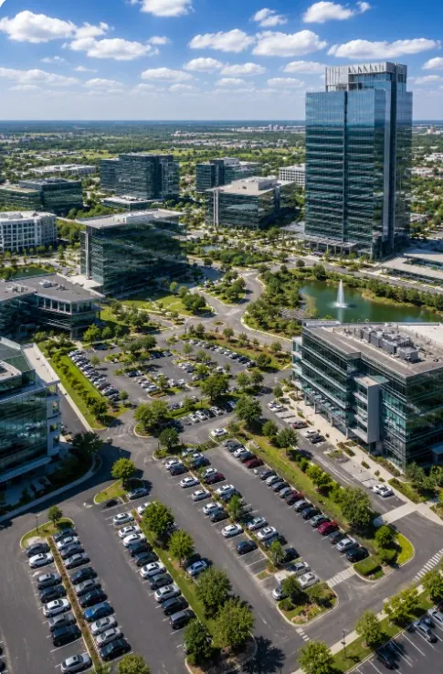 Aerial view of corporate district parking lots with landscaped islands