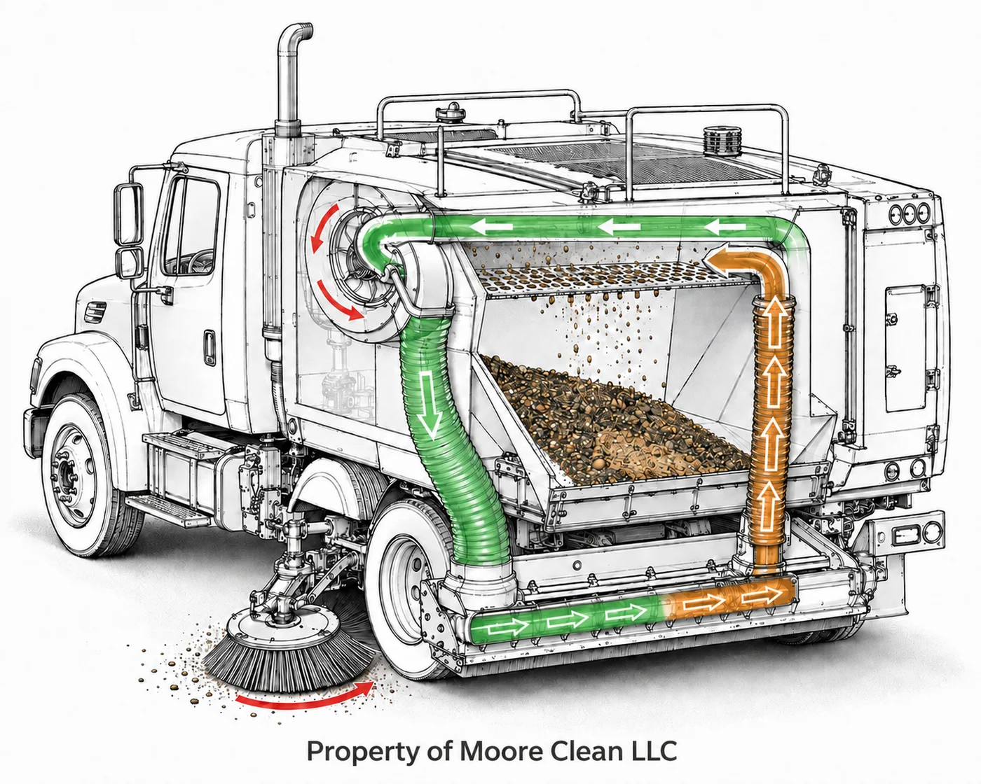 Cutaway schematic of a regenerative air sweeper showing the closed air loop from blower to pick-up head to hopper
