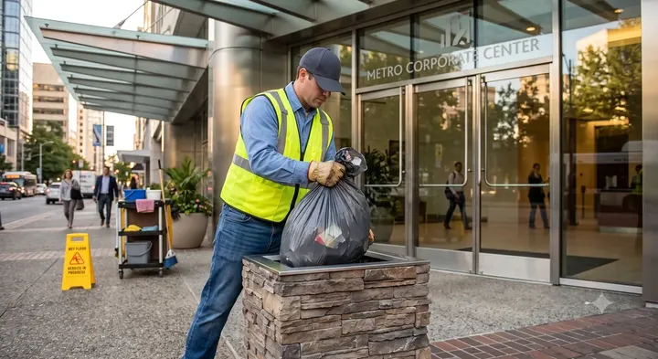 Day porter servicing a corporate building entrance