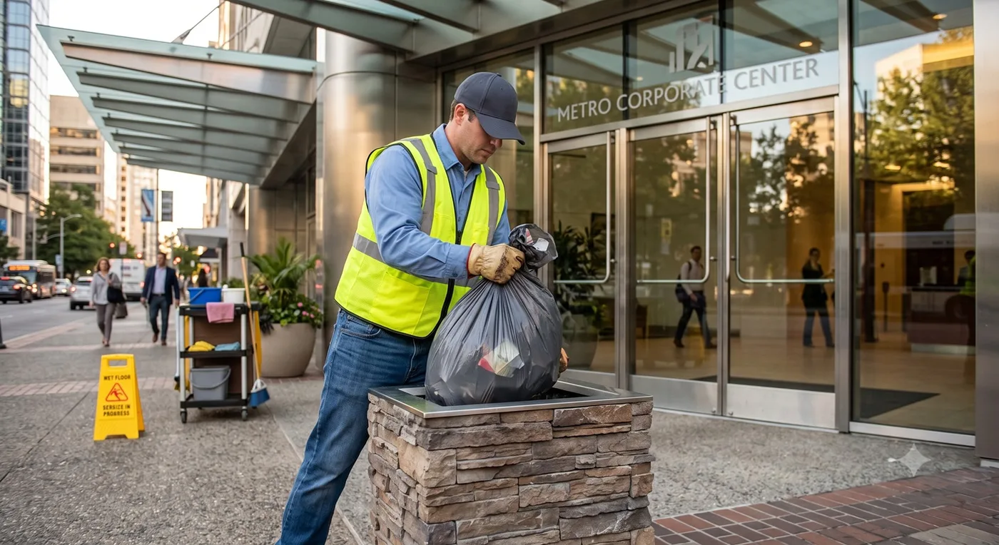 Day porter servicing a corporate building entrance