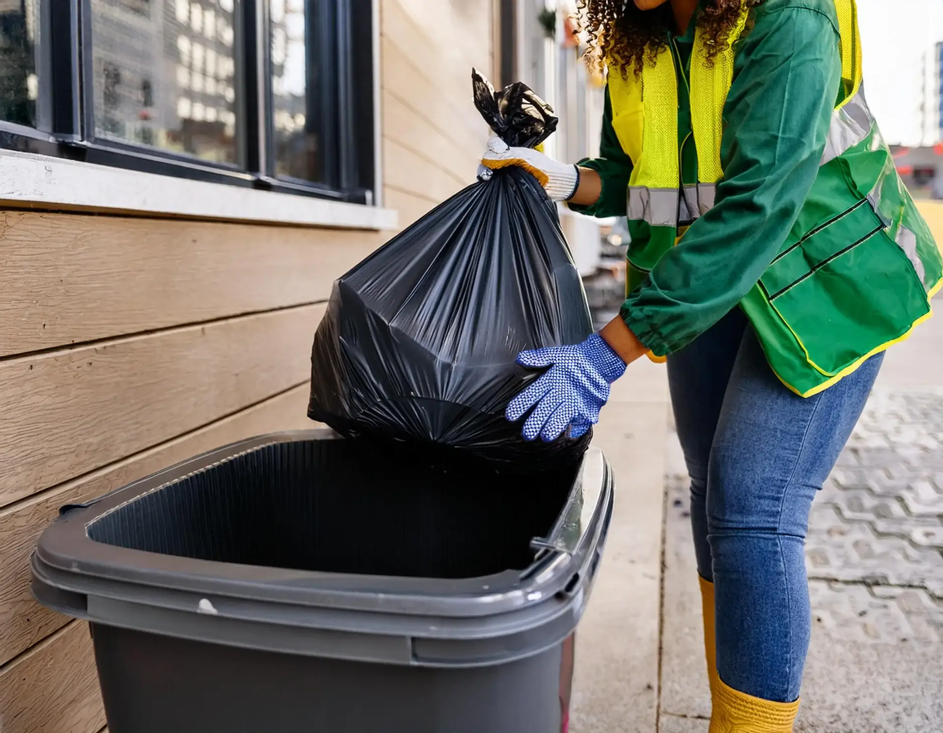 Porter collecting trash at a Dallas commercial property