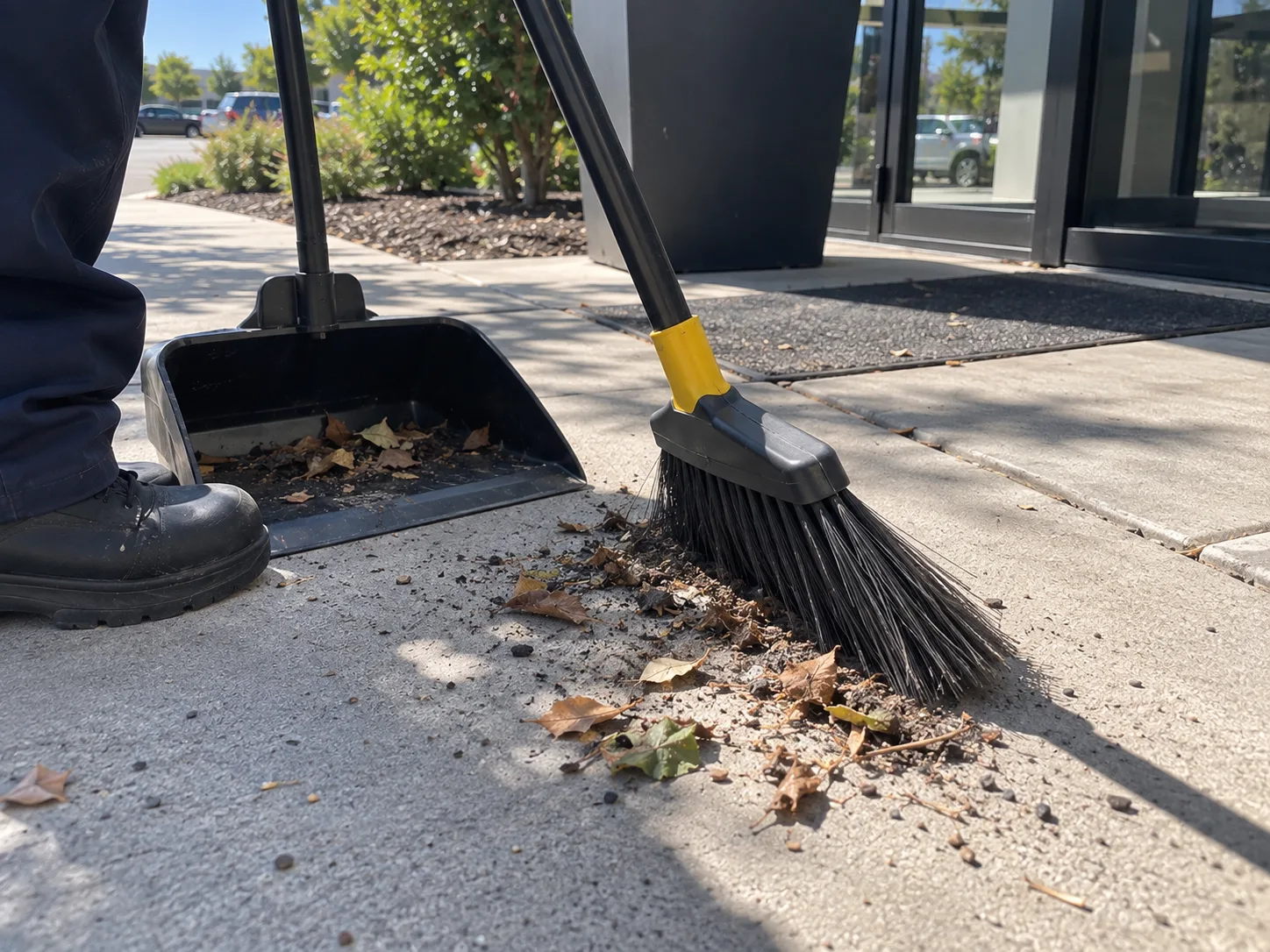 Day porter sweeping leaves into a dustpan at the entrance of a commercial building
