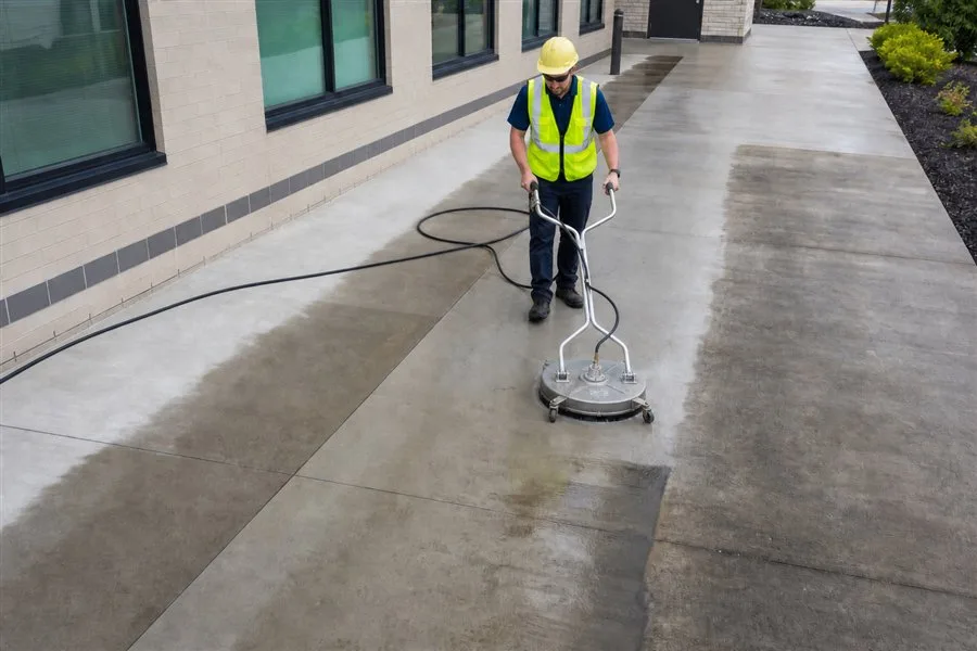 Technician cleaning a medical campus walkway with a flat surface cleaner