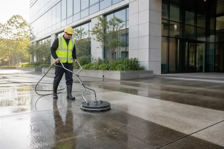 Surface cleaning the walkways outside an office building