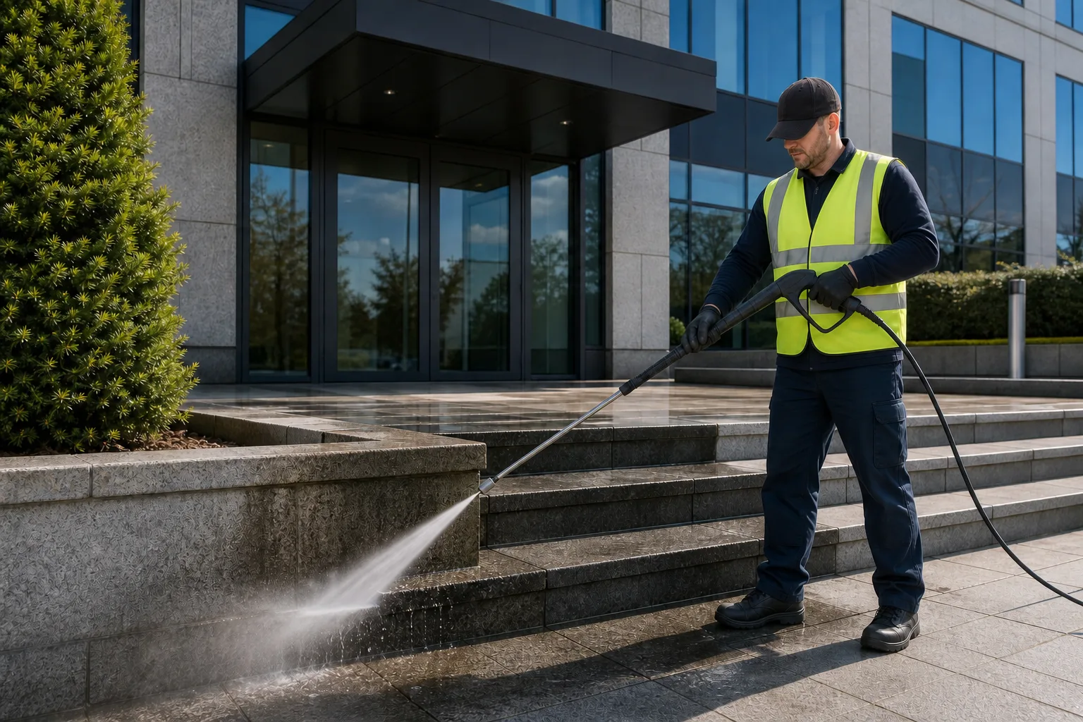 Technician pressure washing an office building entrance and steps
