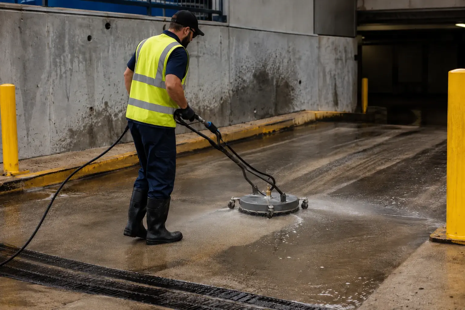 Rotary surface cleaner working a commercial parking garage entrance