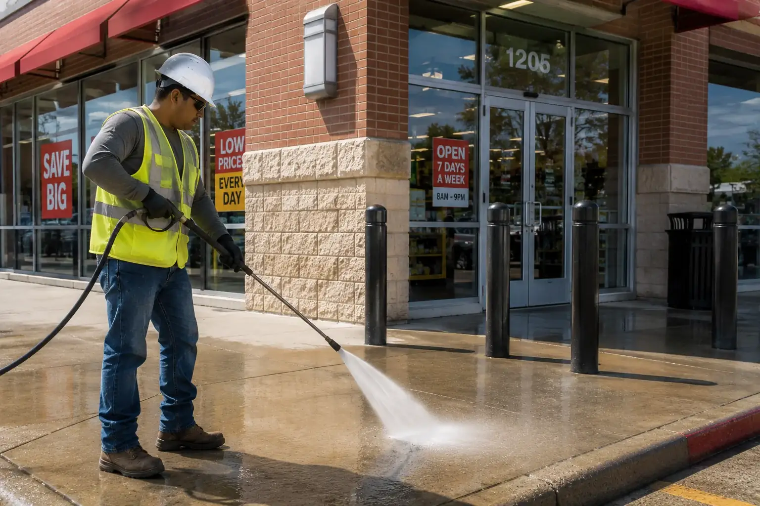 Pressure washing a retail entrance in Austin