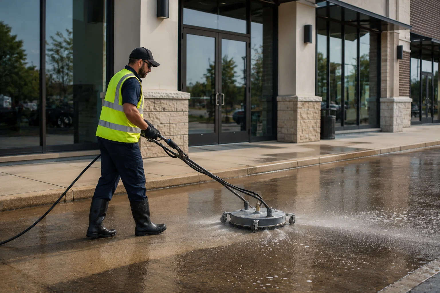 Surface cleaner power washing an Austin storefront sidewalk