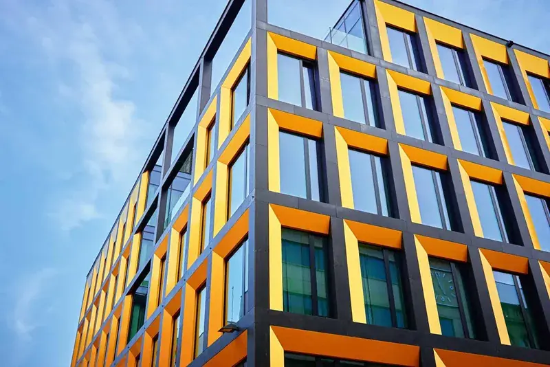 Low-rise office building with clean windows