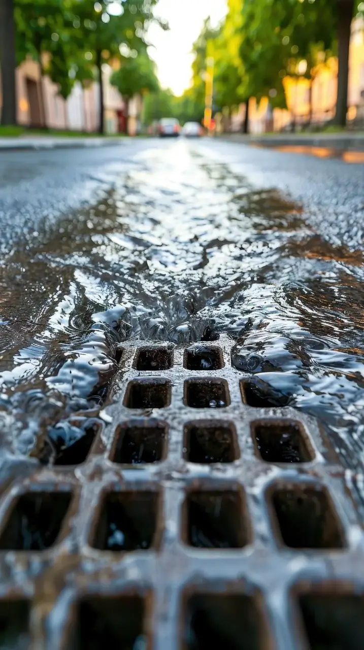 Rainwater running into a street storm drain grate