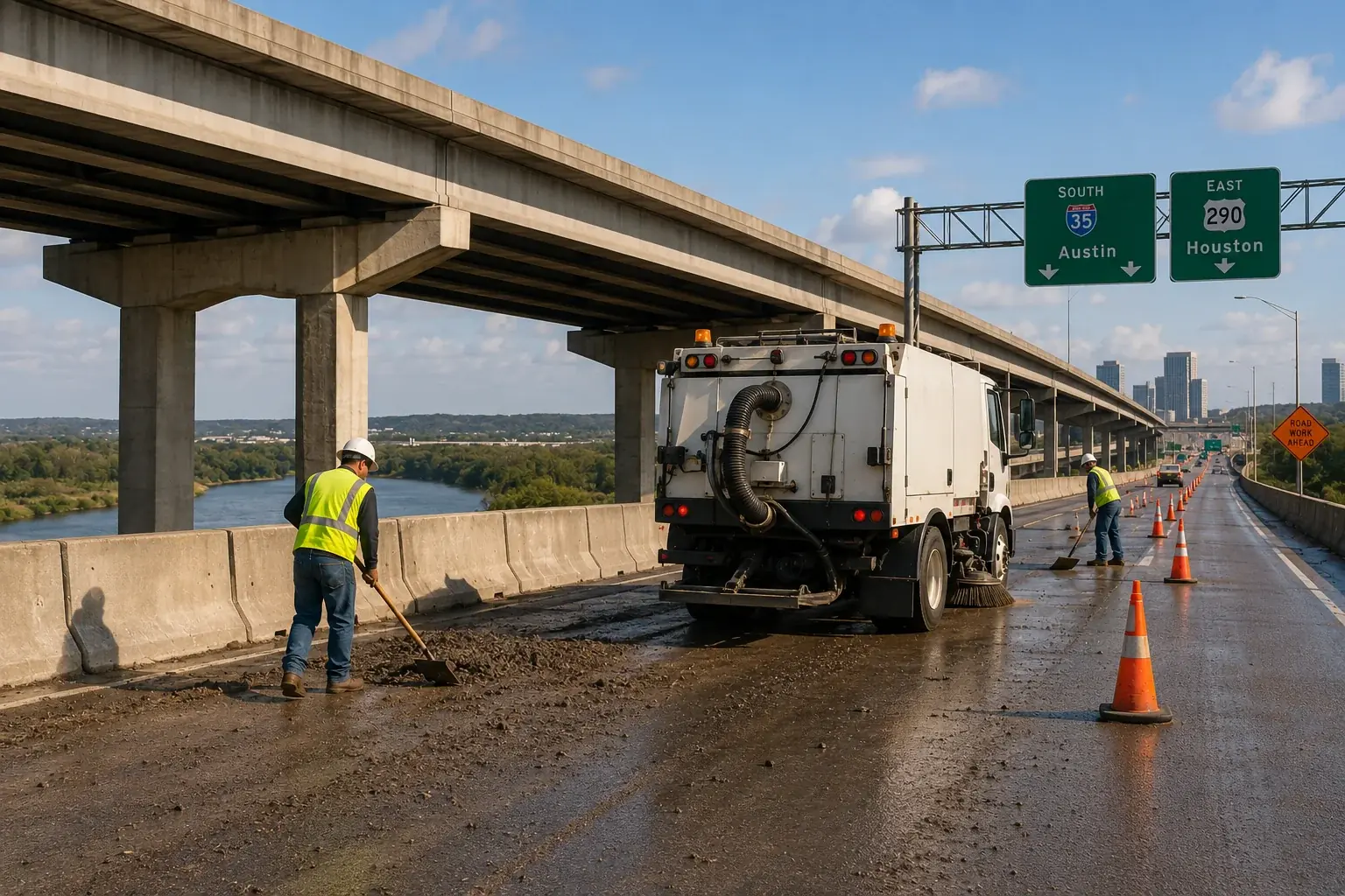 Moore Clean sweeper working an Austin highway construction closure