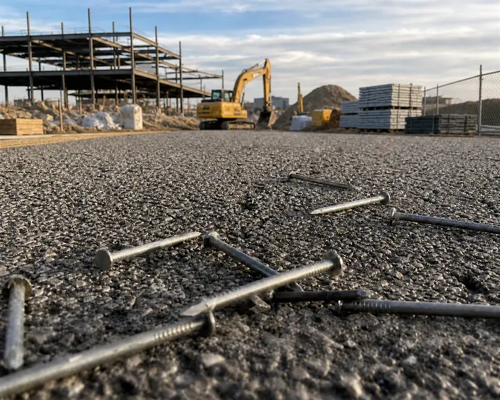 Loose nails scattered across asphalt pavement on a construction site