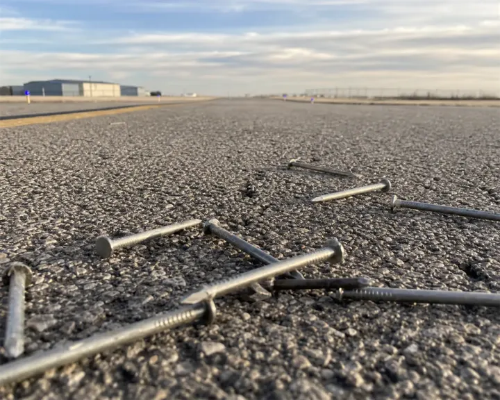 Loose nails scattered across asphalt pavement