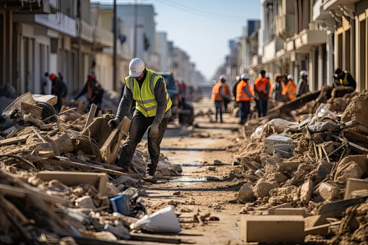 Crews clearing heavy debris from a commercial street