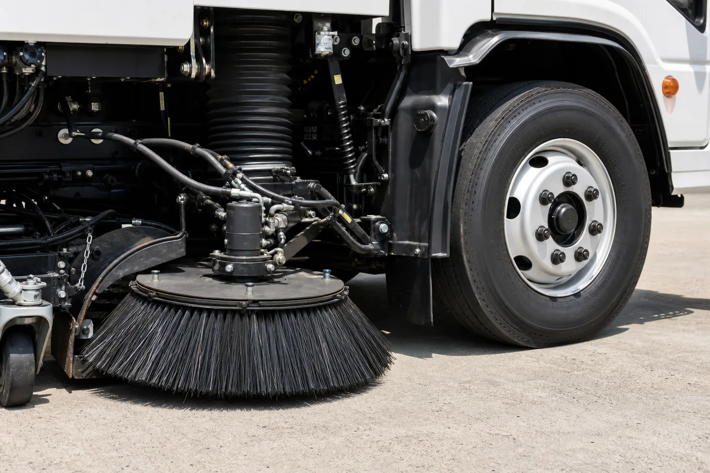Sweeper gutter broom and pick-up head behind the front wheel of a sweeper truck