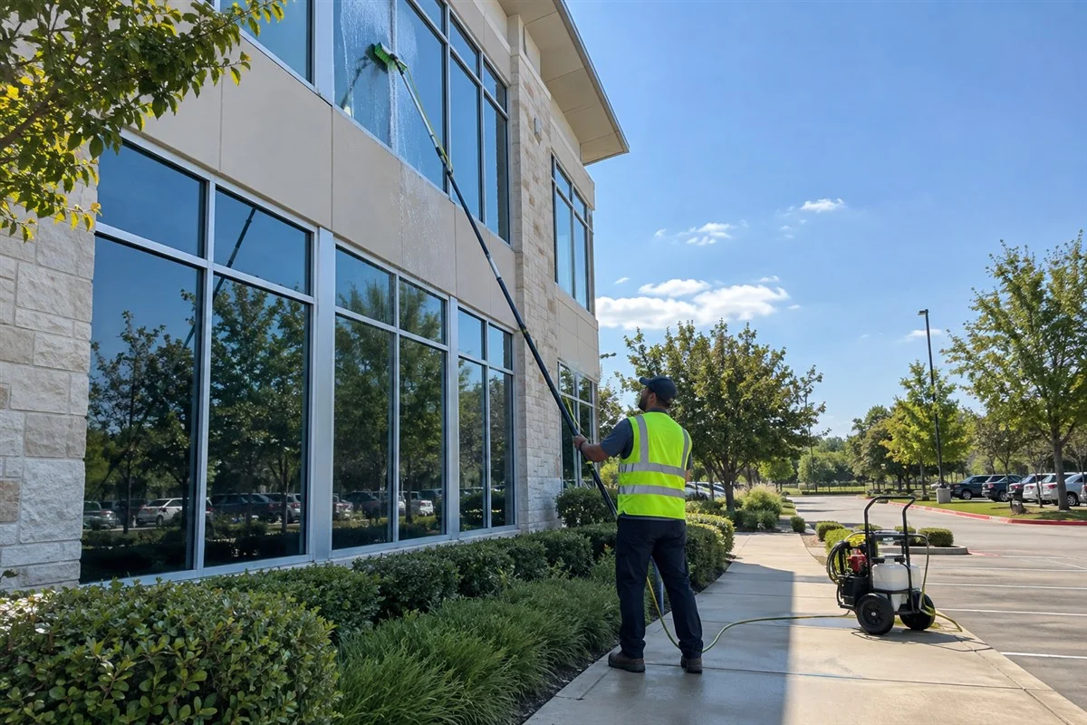 Moore Clean technician rinsing upper-floor office windows from the ground with a water-fed pole