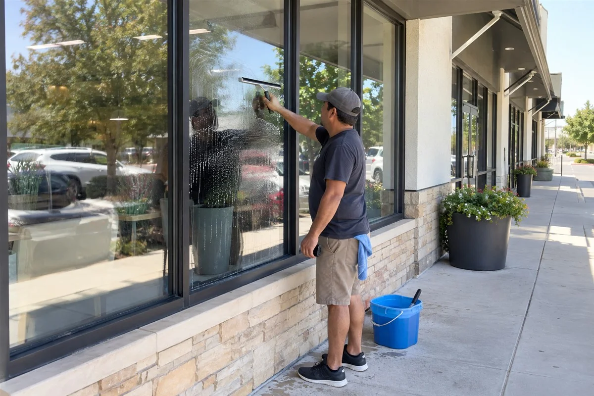 Moore Clean technician squeegeeing storefront glass at a Texas retail center