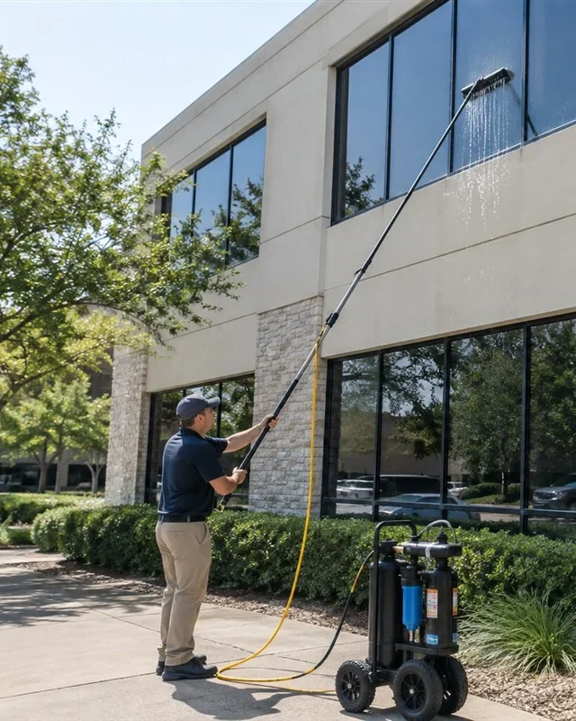 Moore Clean technician cleaning second-story office glass with a water-fed pole