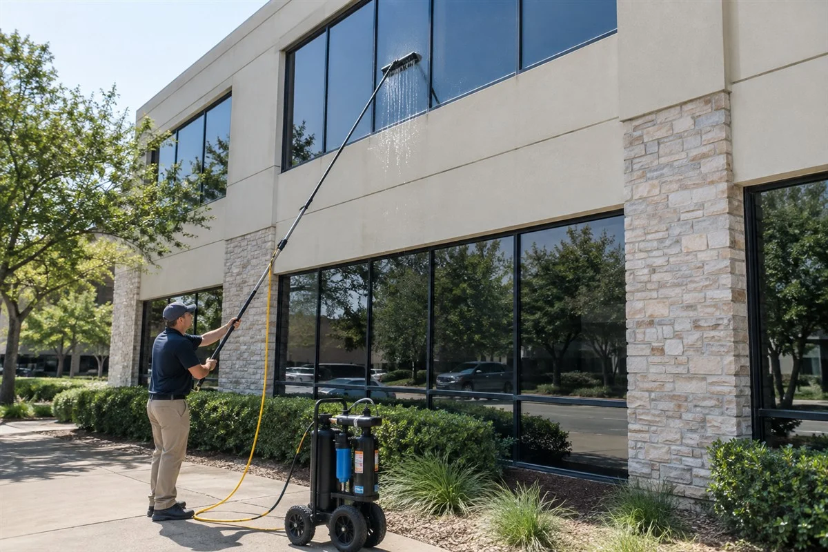 Moore Clean technician cleaning second-story office glass with a water-fed pole