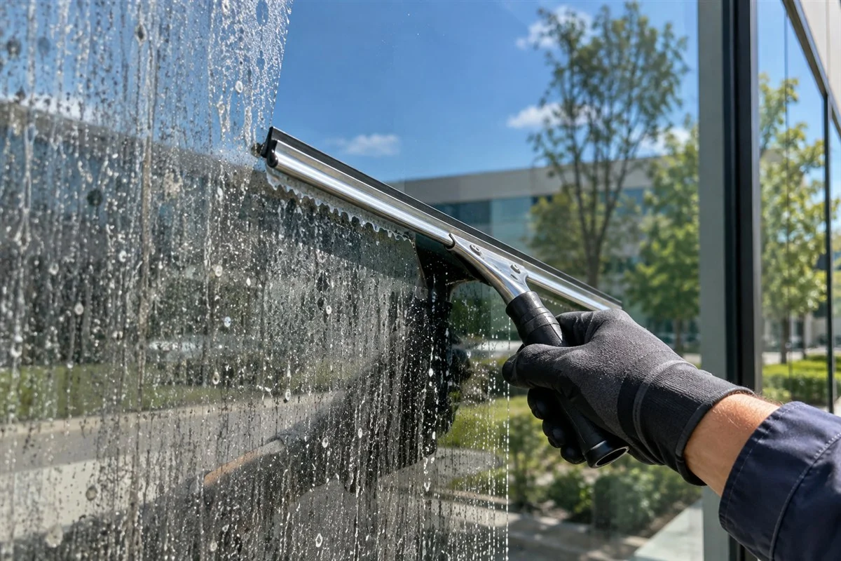 Close-up of a squeegee clearing water film from commercial window glass