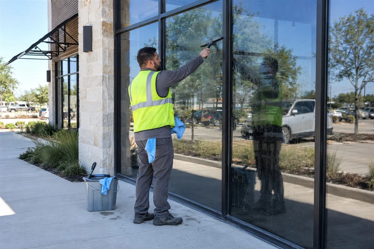 Moore Clean technician in a reflective vest squeegeeing tall storefront glass