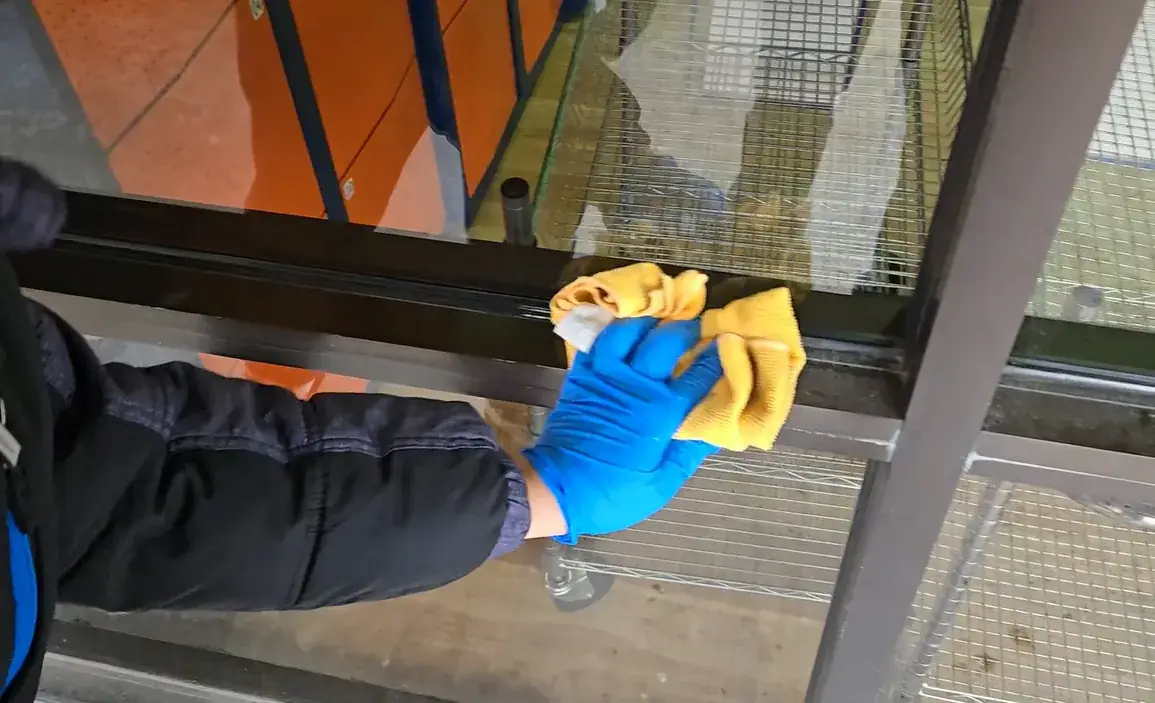 Moore Clean technician cleaning a storefront window ledge